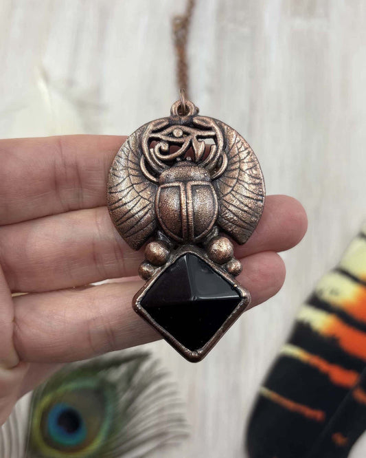 Black Obsidian Pyramid- Scarab Beetle Eye Of Horus Egyptian Copper Necklace
