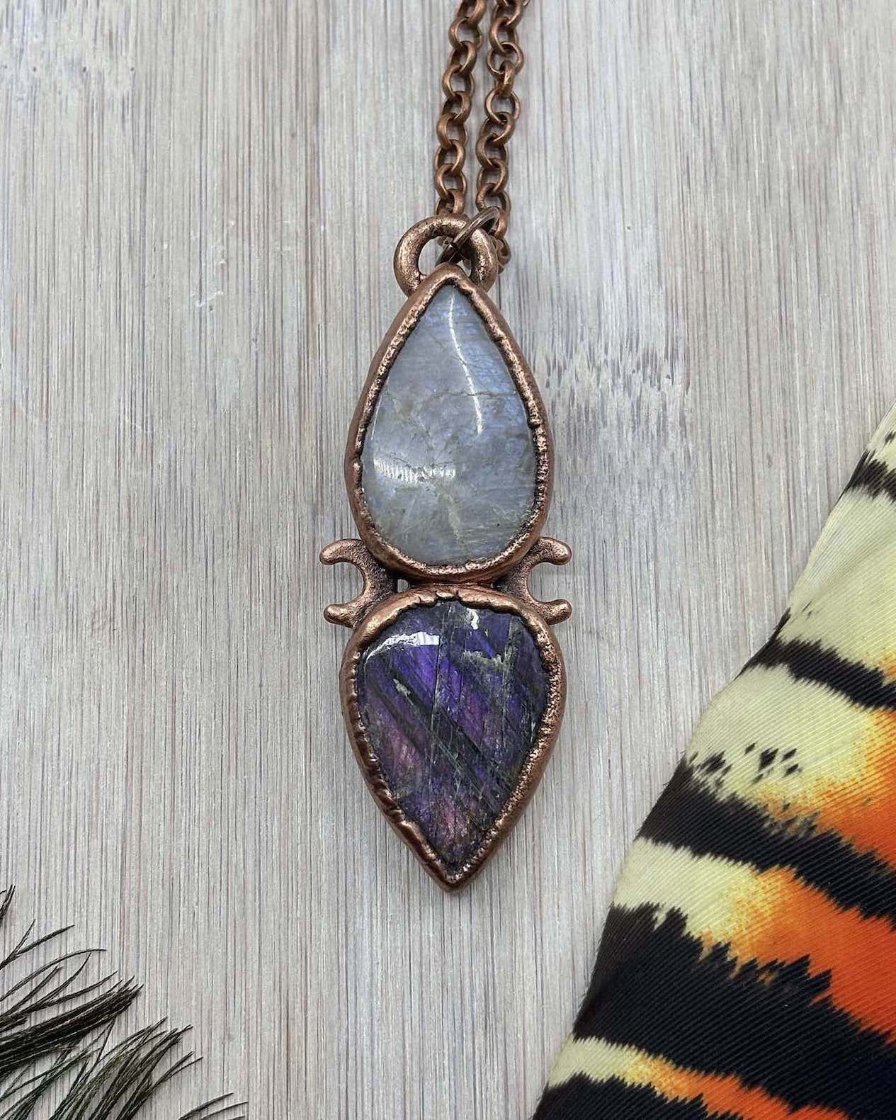 Purple Labradorite & African Moonstone / Sunstone - Crescent Moon Copper Necklace