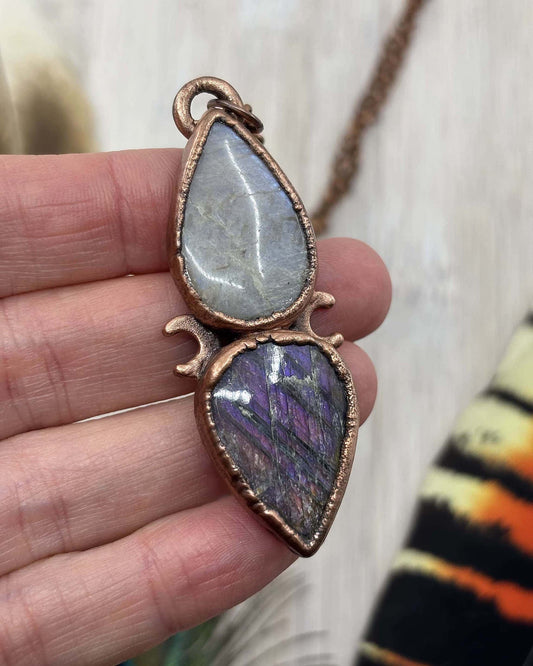 Purple Labradorite & African Moonstone / Sunstone - Crescent Moon Copper Necklace