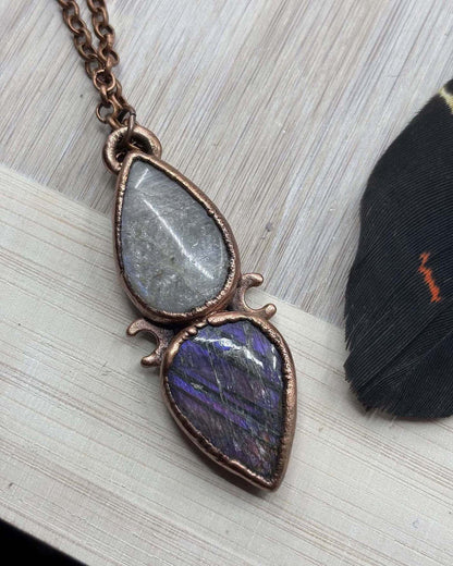 Purple Labradorite & African Moonstone / Sunstone - Crescent Moon Copper Necklace