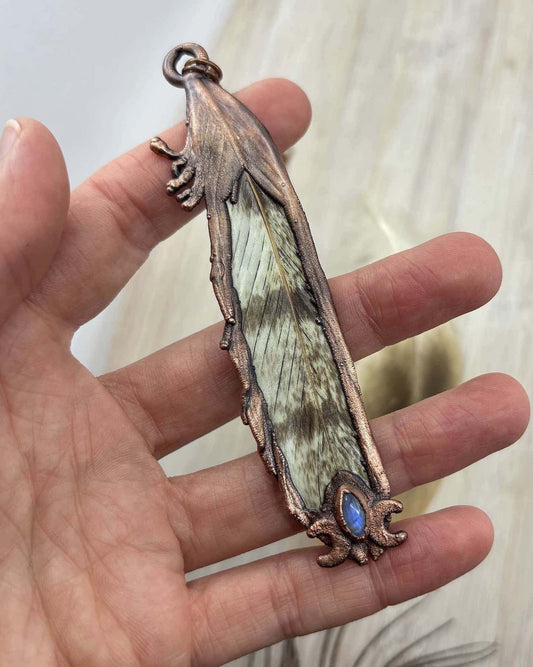 Rainbow Moonstone Owl Feather Copper Necklace
