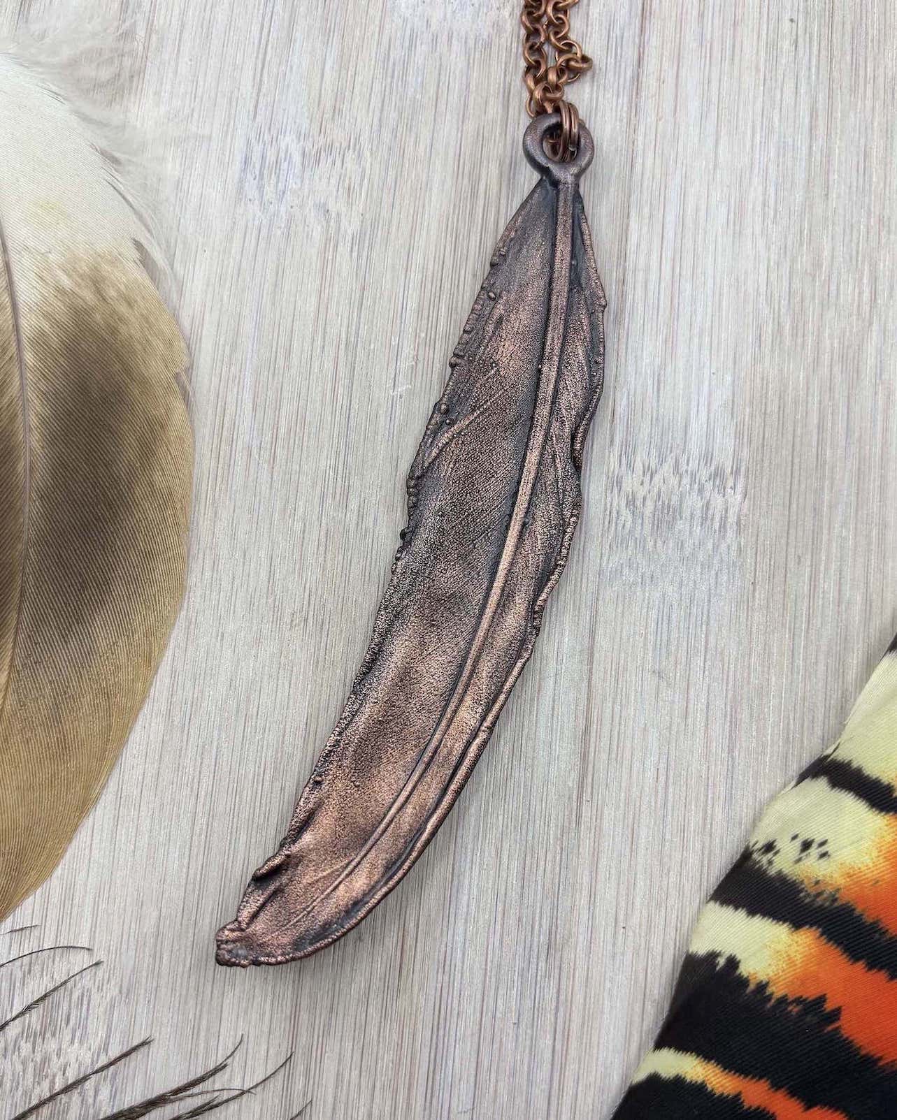 Rainbow Moonstone Tawny Frogmouth Feather Copper Necklace