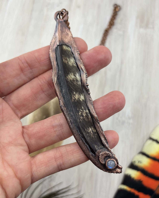 Rainbow Moonstone Tawny Frogmouth Feather Copper Necklace