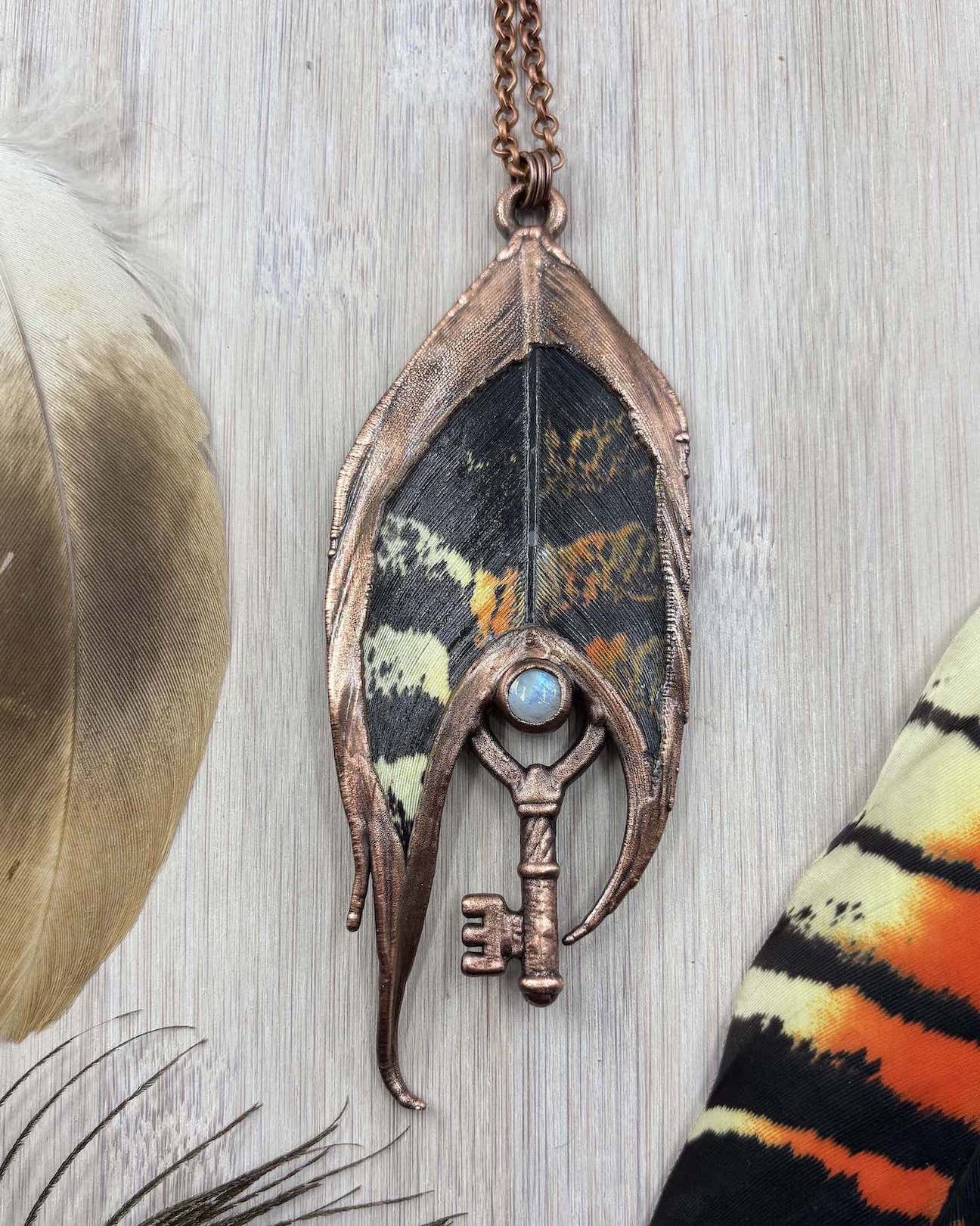 Rainbow Moonstone Black Cockatoo Feather Copper Necklace