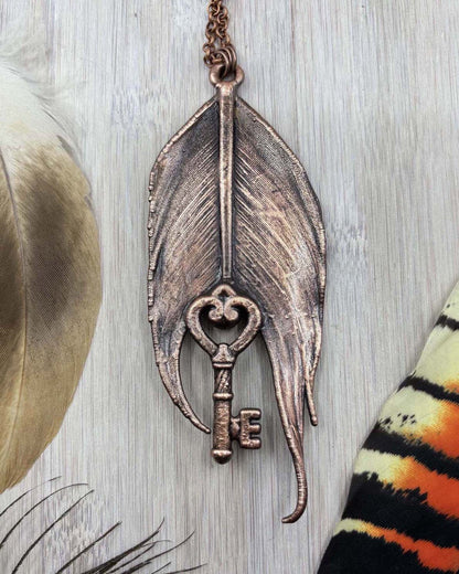 Rainbow Moonstone Black Cockatoo Feather Copper Necklace