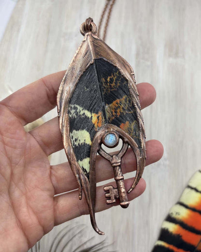 Rainbow Moonstone Black Cockatoo Feather Copper Necklace