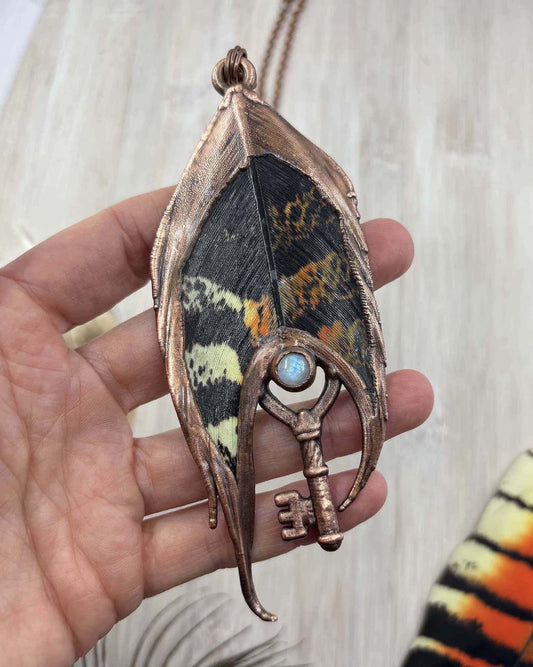 Rainbow Moonstone Black Cockatoo Feather Copper Necklace