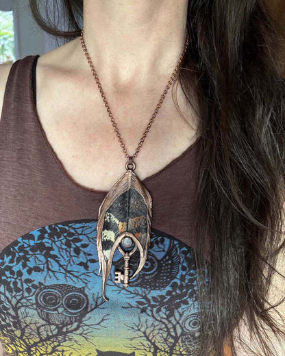 Rainbow Moonstone Black Cockatoo Feather Copper Necklace