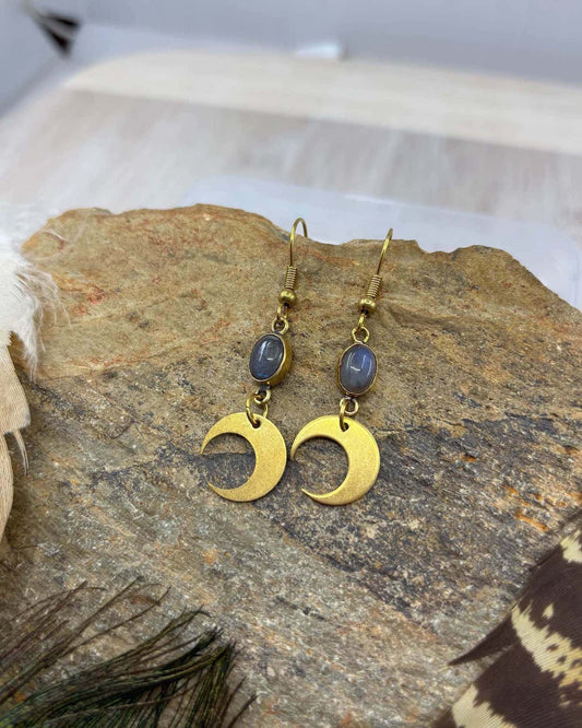 Labradorite Crescent Moon Brass Earrings