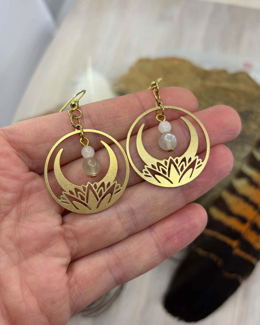 Moonstone Lotus Crescent Moon Brass Earrings