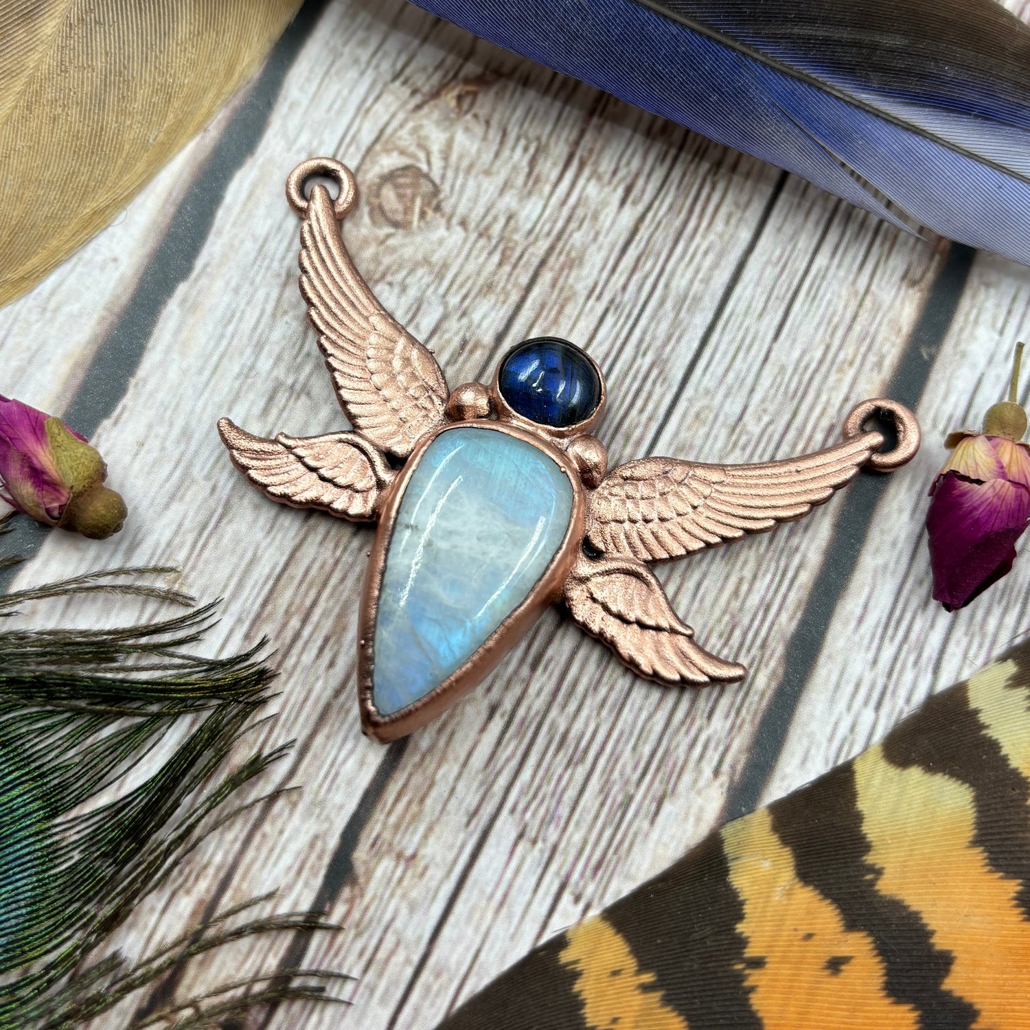 Rainbow moonstone copper electroformed pendant with angel wings and labradorite 