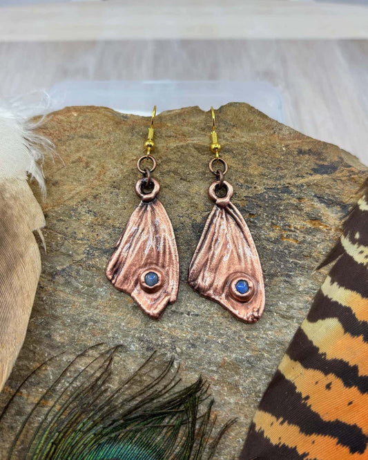 Rainbow Moonstone Real Butterfly Wing Earrings - Copper