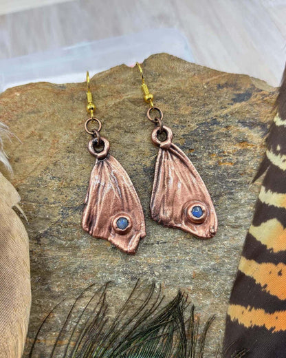 Rainbow Moonstone Real Butterfly Wing Earrings - Copper