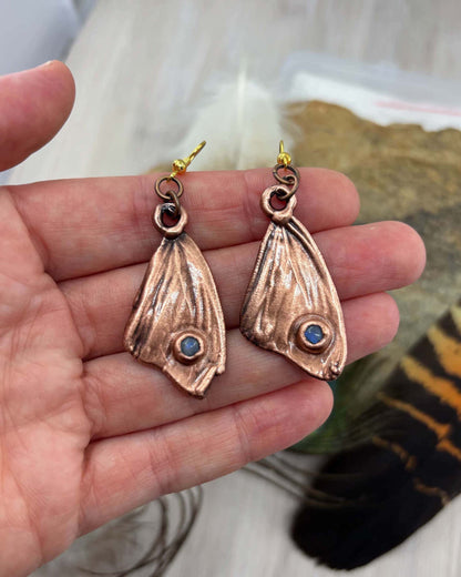 Rainbow Moonstone Real Butterfly Wing Earrings - Copper
