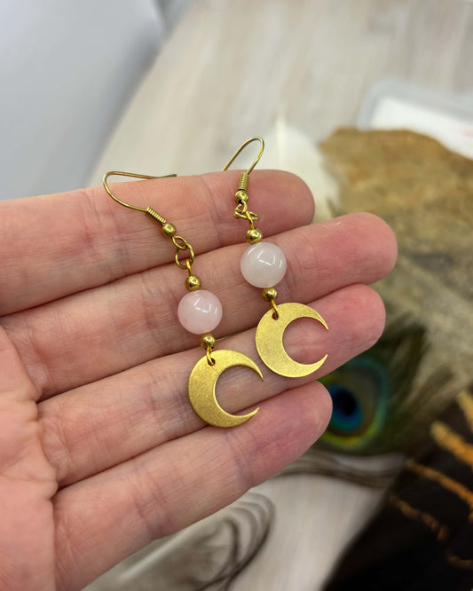 Rose Quartz Crescent Moon Brass Drop Earrings