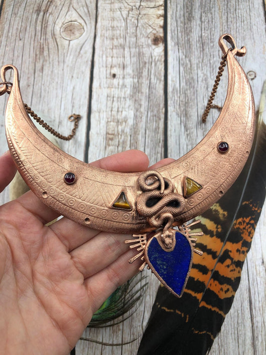 Snake Necklace with Lapis Lazuli, Garnet, Triangle Tiger Eye Serpent Chest Plate - Electroformed