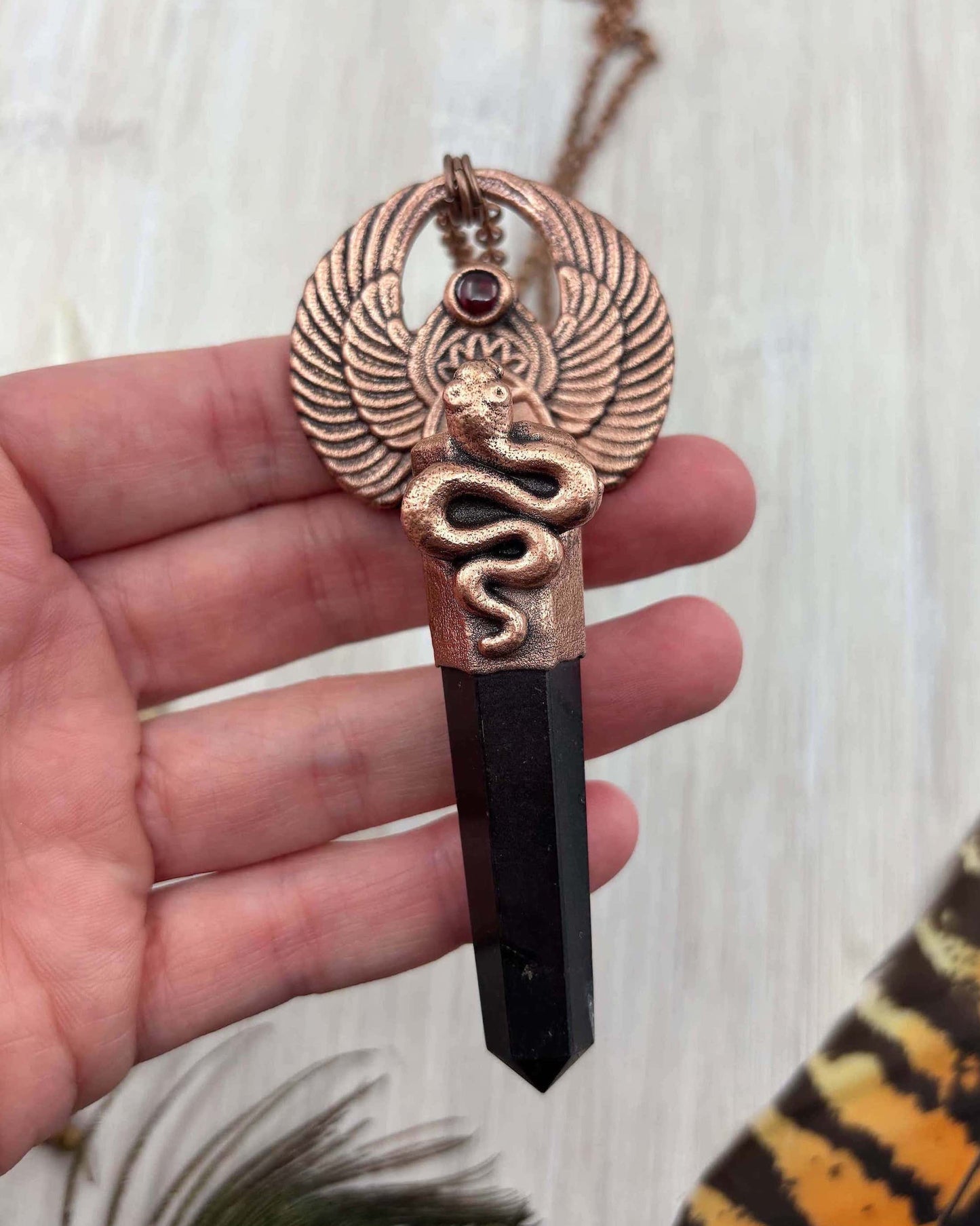 Egyptian Scarab Beetle & Snake with Black Tourmaline & Garnet - Copper Electroformed