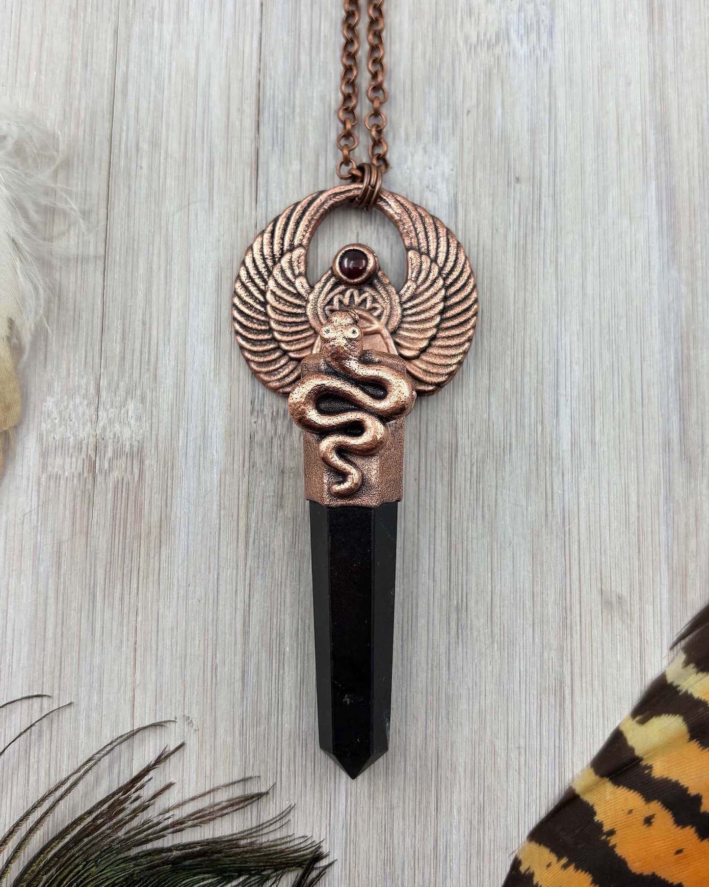 Egyptian Scarab Beetle & Snake with Black Tourmaline & Garnet - Copper Electroformed