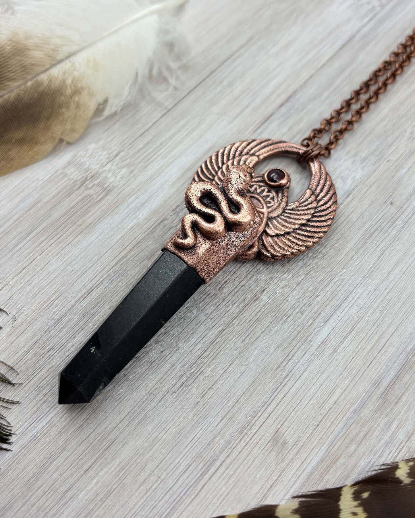 Egyptian Scarab Beetle & Snake with Black Tourmaline & Garnet - Copper Electroformed