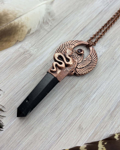 Egyptian Scarab Beetle & Snake with Black Tourmaline & Garnet - Copper Electroformed