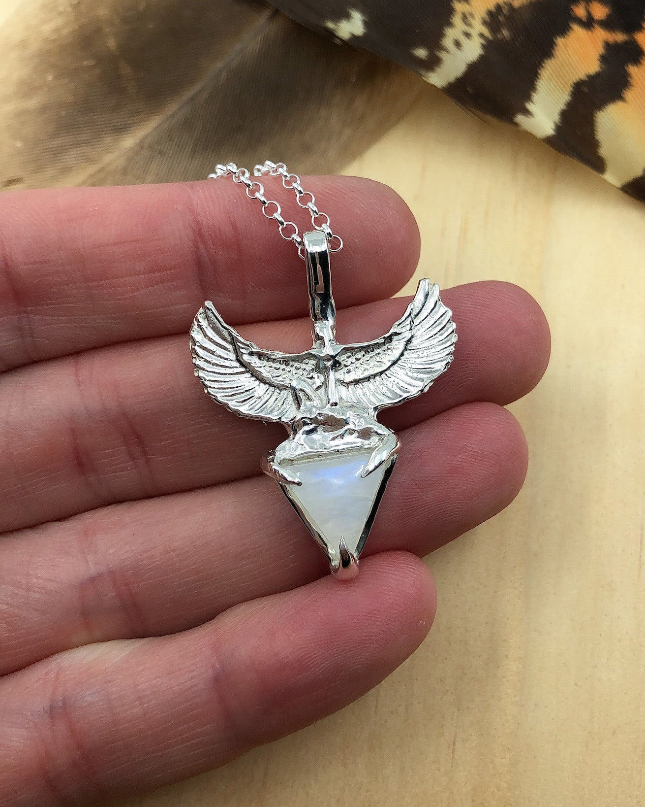 Sterling silver Egyptian goddess rainbow moonstone pendant