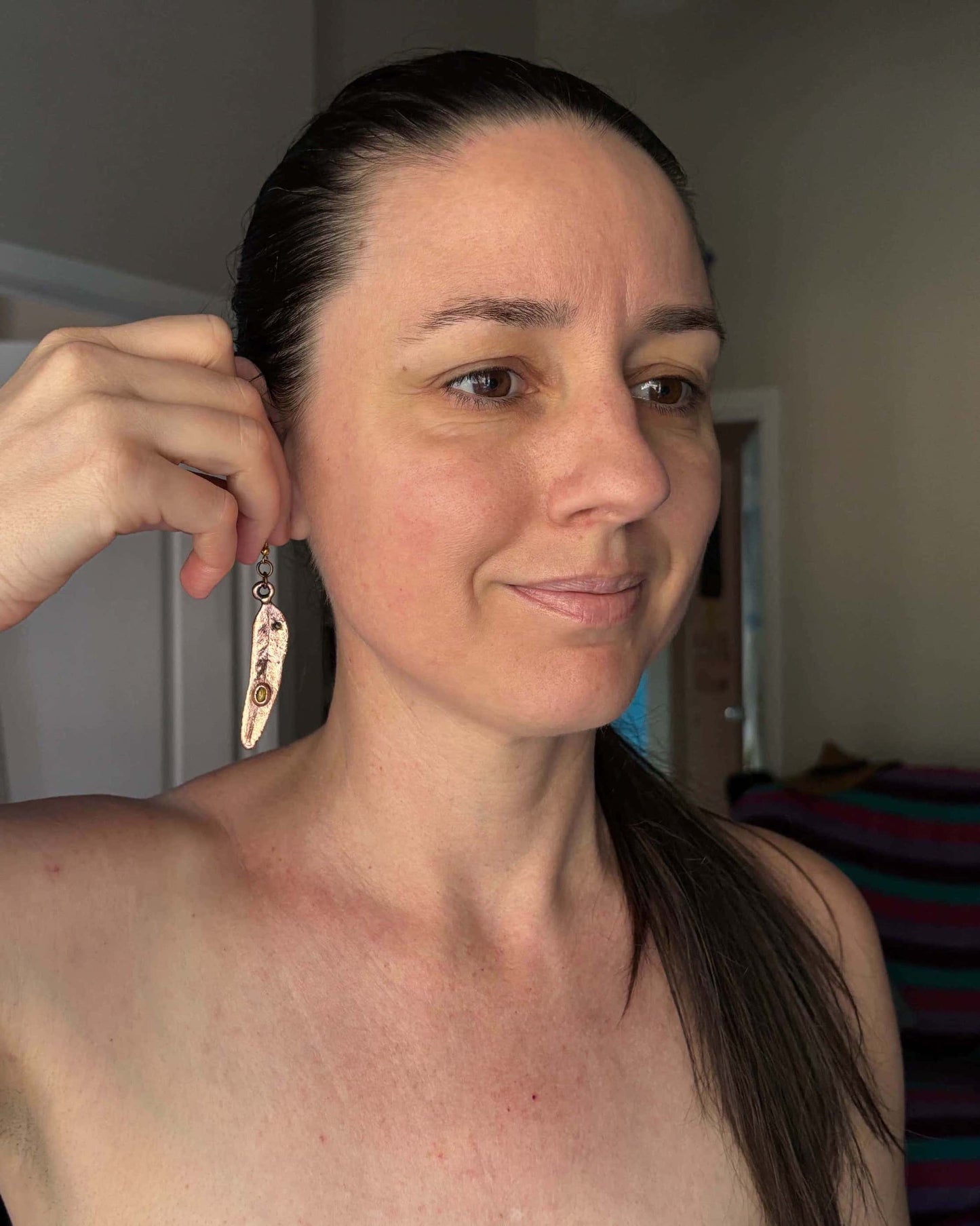 Tiger Eye Real Gumtree Leaf Earrings - Copper