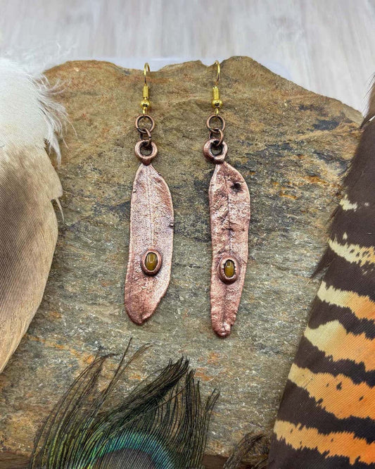Tiger Eye Real Gumtree Leaf Earrings - Copper