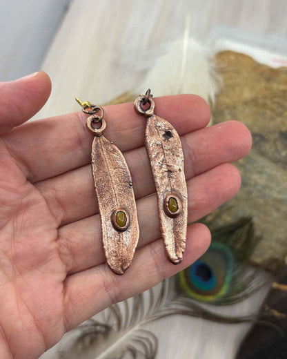 Tiger Eye Real Gumtree Leaf Earrings - Copper