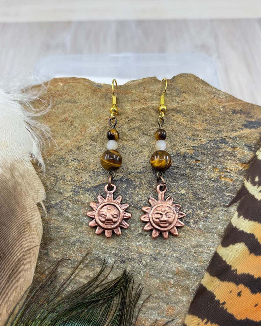 Tiger Eye Sun Earrings - Copper