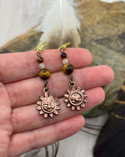 Tiger Eye Sun Earrings - Copper