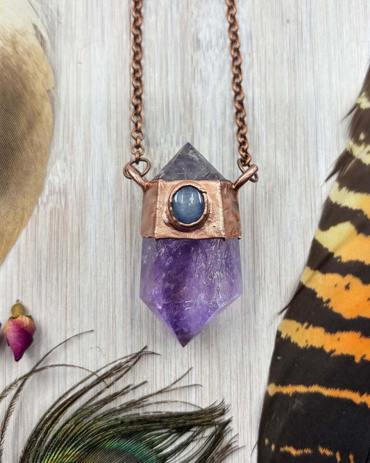 Amethyst & Blue Sapphire Pendant - Copper Electroformed