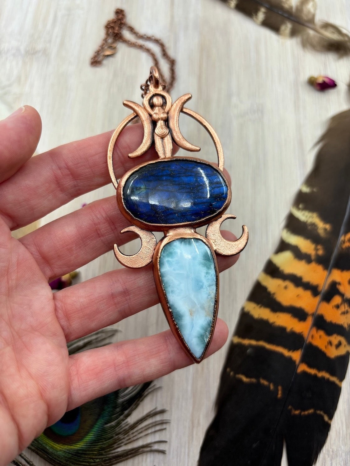 Triple Moon Goddess Pendant with Blue Labradorite & Larimar - Copper Electroformed