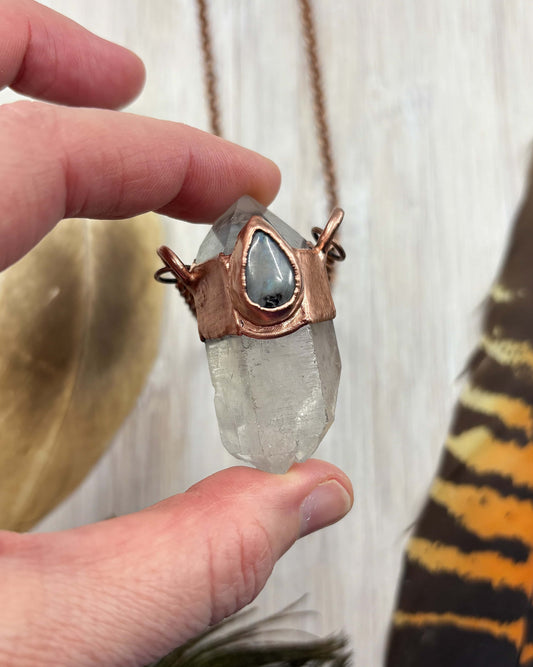 Clear Quartz & Rainbow Moonstone Pendant - Copper Electroformed