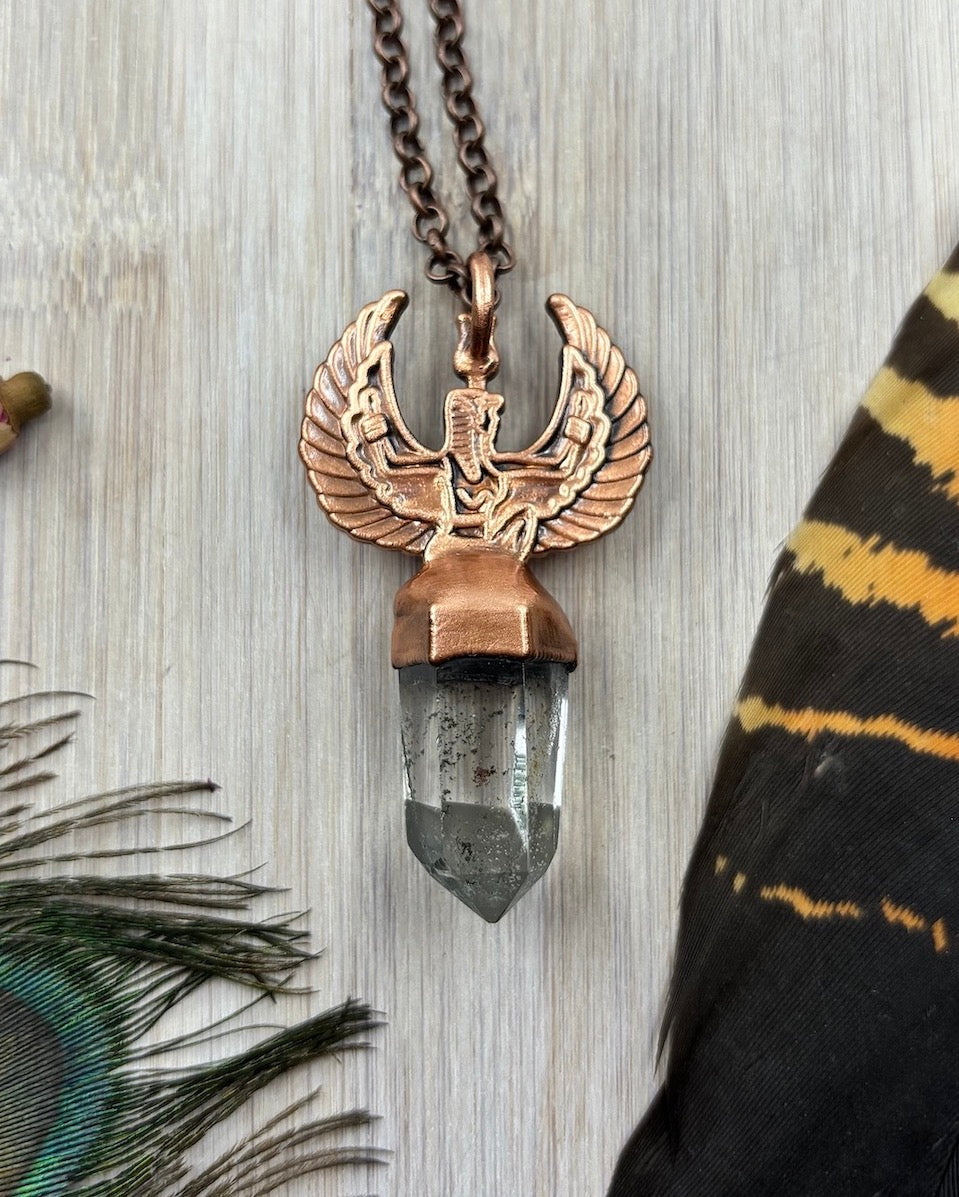 Egyptian Goddess Pendant & Clear Quartz Point with Inclusions - Copper Electroformed