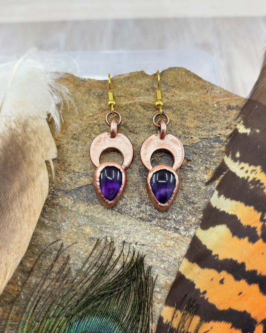 Made To Order - Amethyst Crescent Moon Drop Copper Earrings