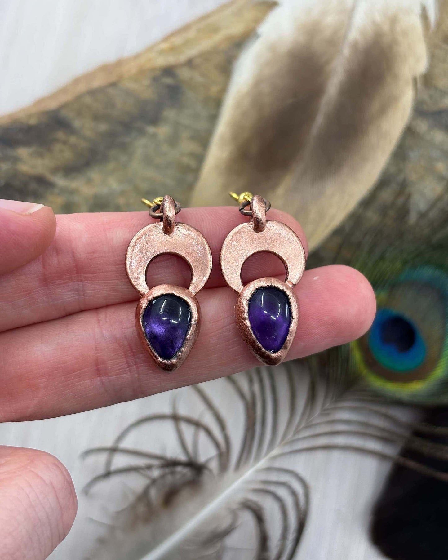 Made To Order - Amethyst Crescent Moon Drop Copper Earrings