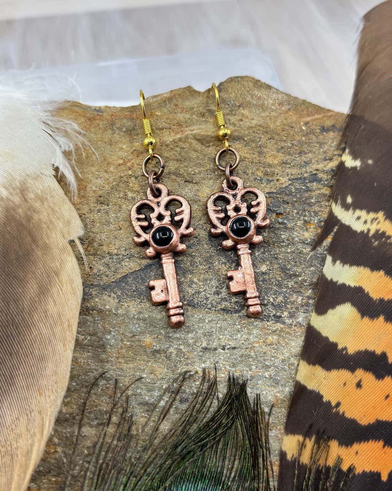 Made To Order - Black Agate Key Copper Earrings