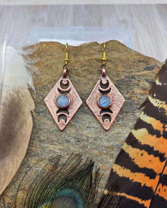 Rainbow Moonstone Moon Phase Earrings - Copper
