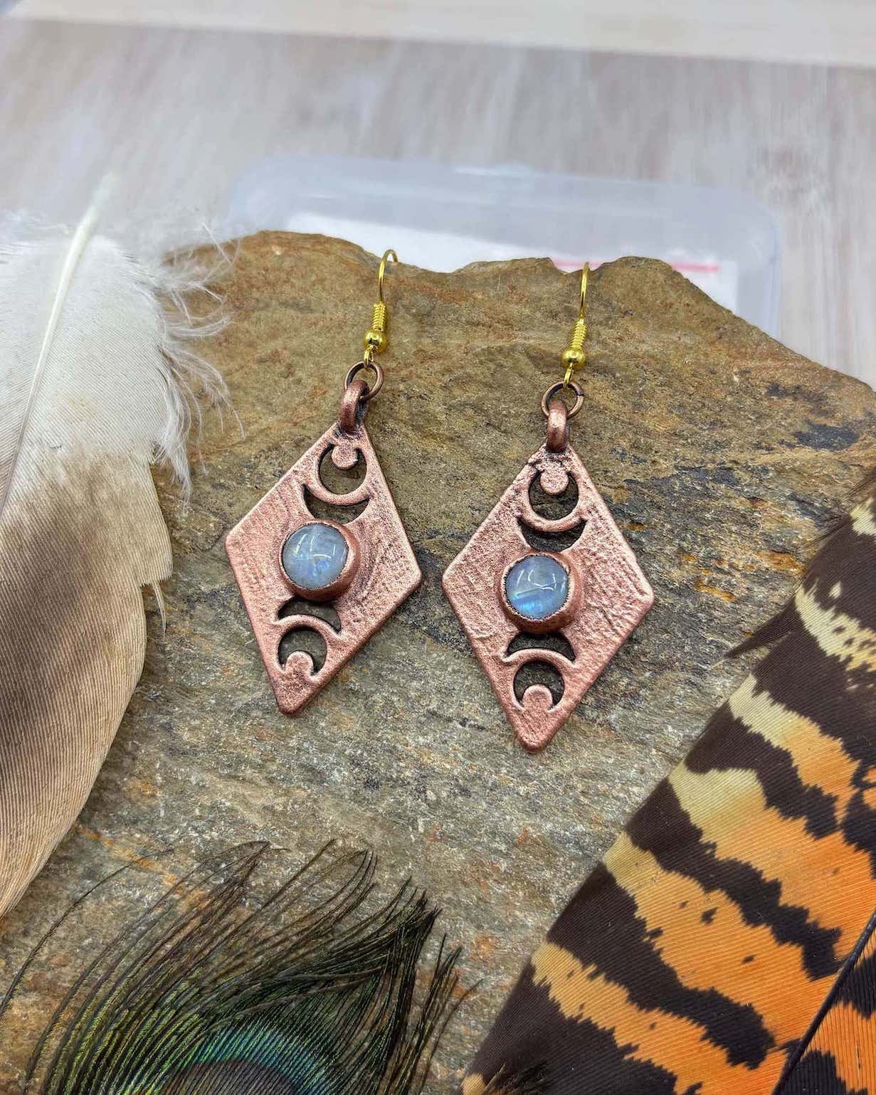 Rainbow Moonstone Moon Phase Earrings - Copper