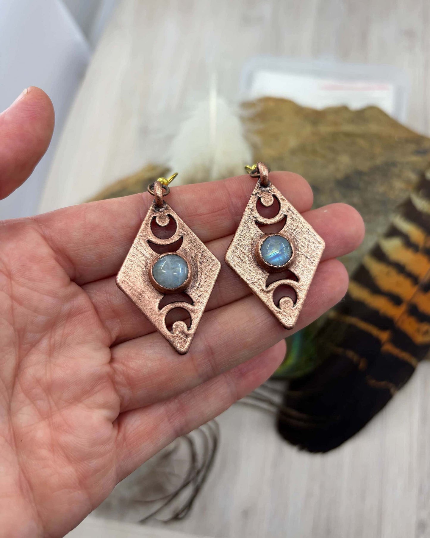Rainbow Moonstone Moon Phase Earrings - Copper