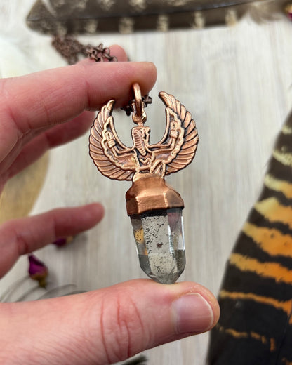 Egyptian Goddess Pendant & Clear Quartz Point with Inclusions - Copper Electroformed