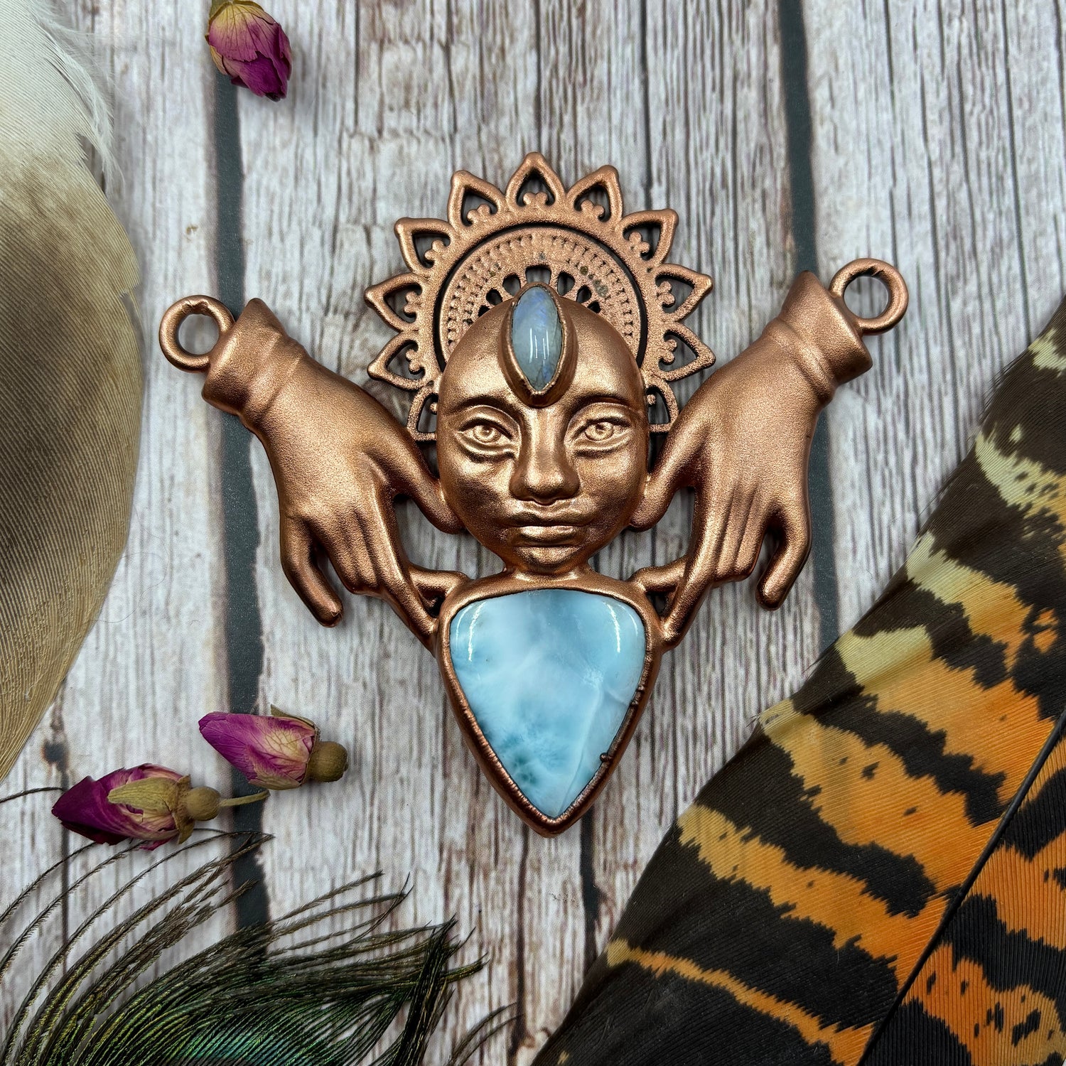 goddess face with hands and mandala & Larimar, rainbow moonstone bib statement copper necklace