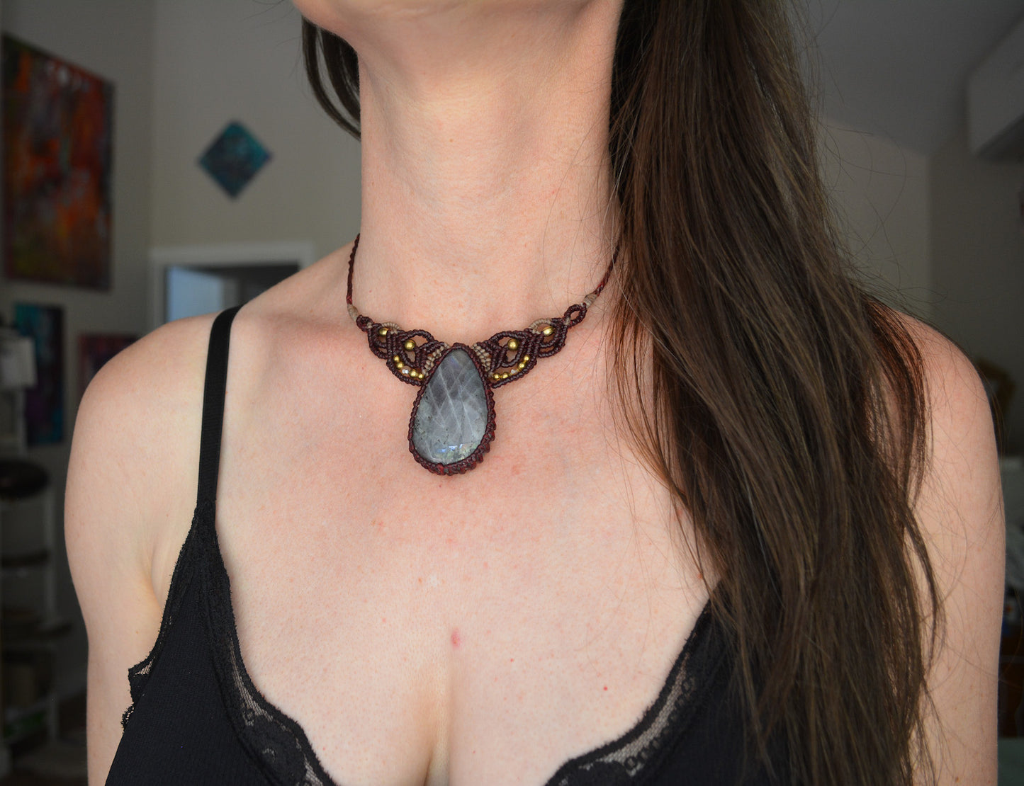 Purple Labradorite Macrame Bib Necklace