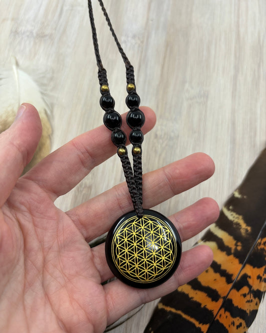 Black Obsidian Flower Of Life Macrame Necklace