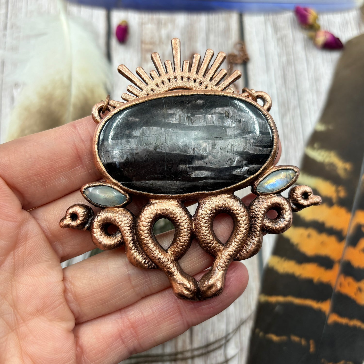 hypersthene & rainbow moonstone copper snake sun statement pendant