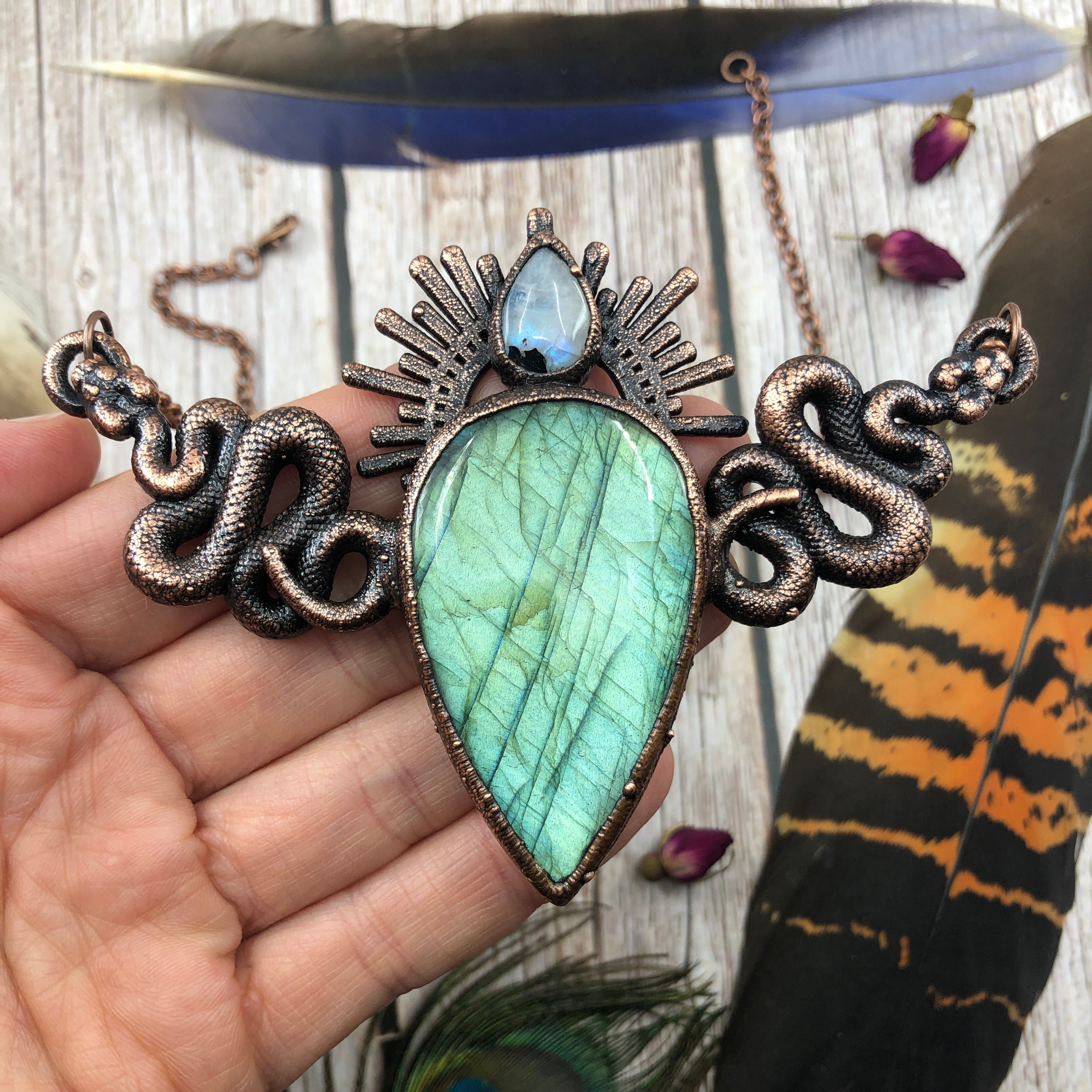 copper electroformed statement necklace with labradorite rainbow moonstone and two snakes