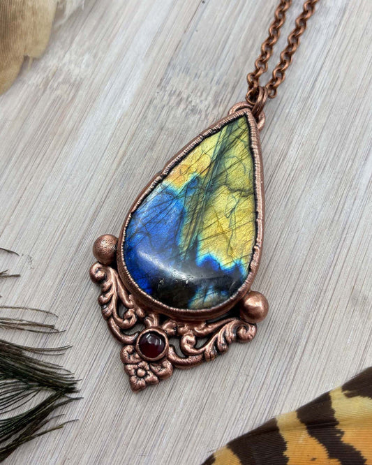 Labradorite & Garnet Necklace- Copper Electroformed
