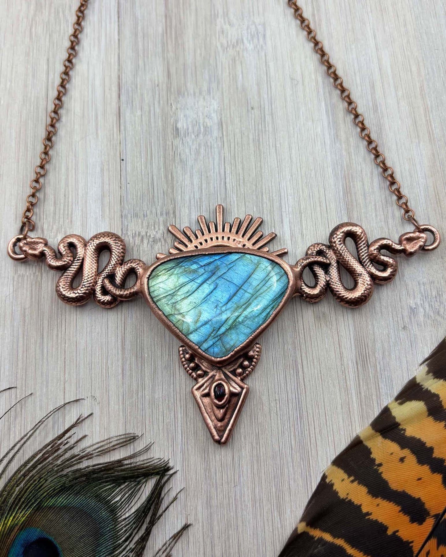 Labradorite Snake Tribal Chest Plate Necklace- Copper Electroformed