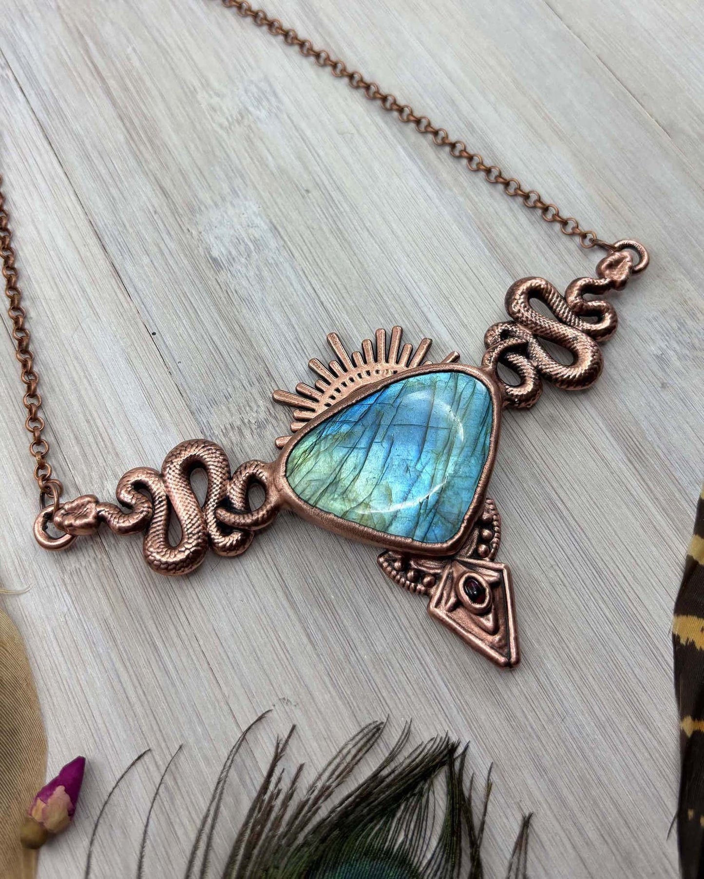 Labradorite Snake Tribal Chest Plate Necklace- Copper Electroformed