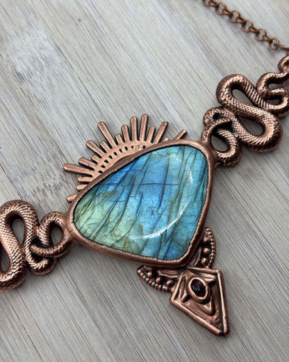 Labradorite Snake Tribal Chest Plate Necklace- Copper Electroformed